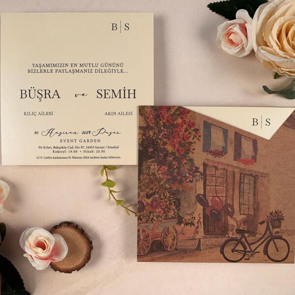 Invitatie de nunta floral cu bicicleta 52510