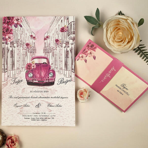 Invitatie de nunta florala cu masina 52557