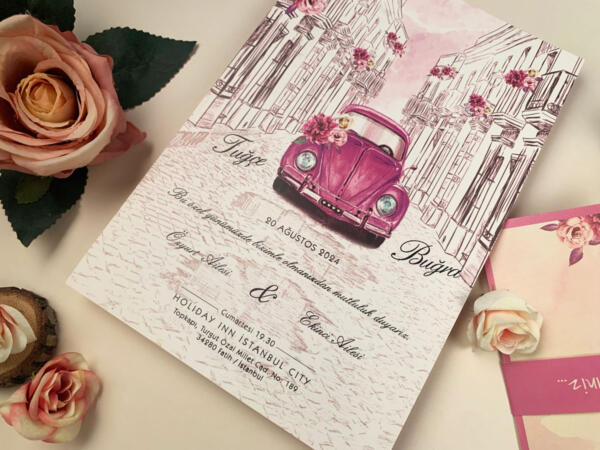 Invitatie de nunta florala cu masina 52557 - imagine 2