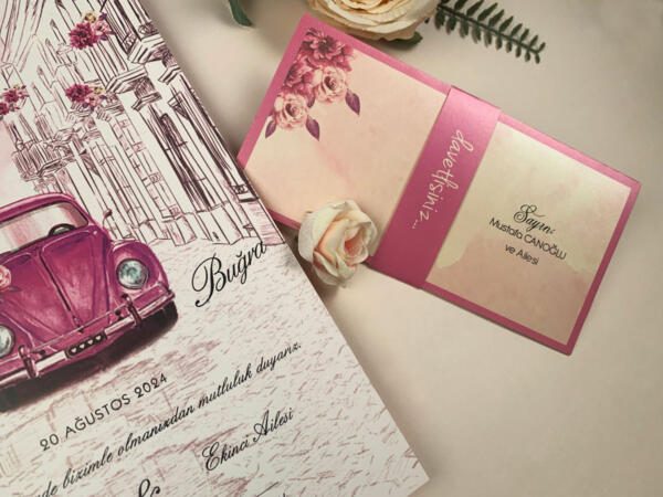 Invitatie de nunta florala cu masina 52557 - imagine 3