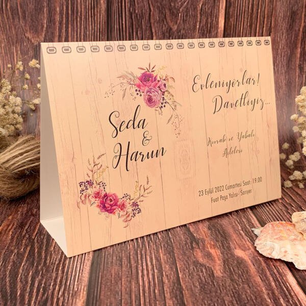 Invitatie de nunta floral cu calendar cu poza 74744