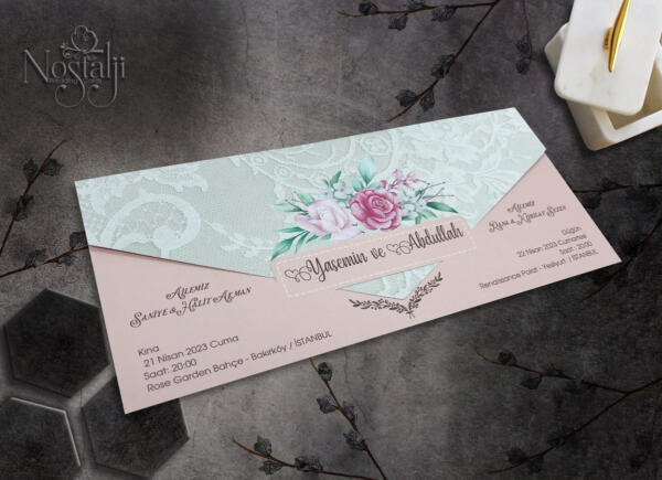 Invitatie de nunta florala cu model dantelat 9023 - imagine 2