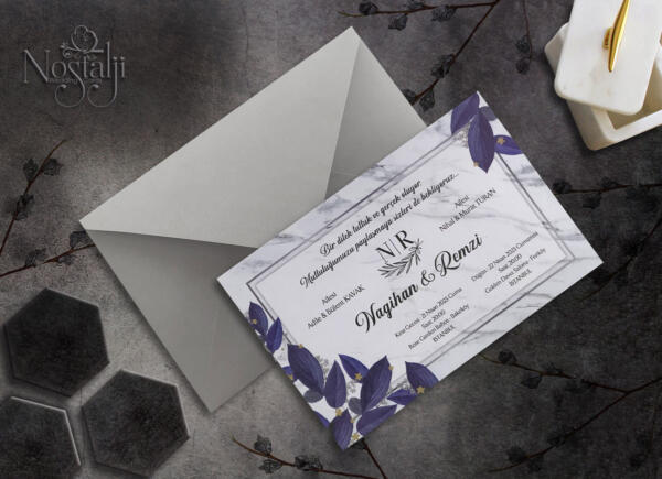 Invitatie de nunta florala cu marmura 9031 - imagine 2