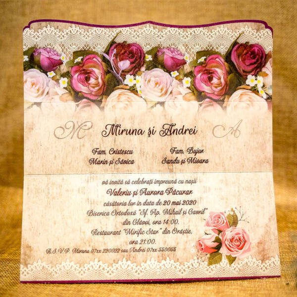 Invitatie de nunta florala cu model dantelat 2036 - imagine 3