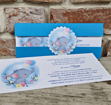 Invitatie de botez cu elefant si baloane 612
