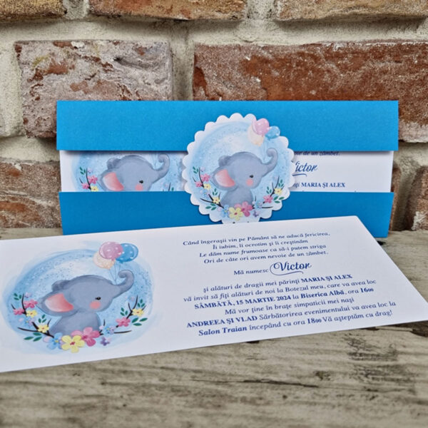 Invitatie de botez cu elefant si baloane 612