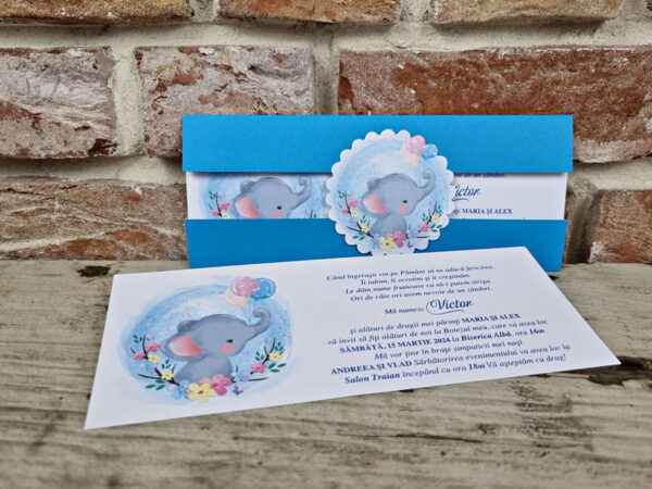 Invitatie de botez cu elefant si baloane 612 - imagine 2