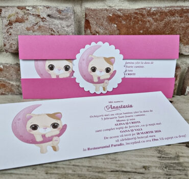 Invitatie de botez cu pisica pentru fetite 609