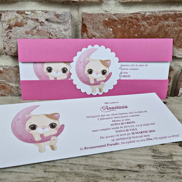 Invitatie de botez cu pisica pentru fetite 609