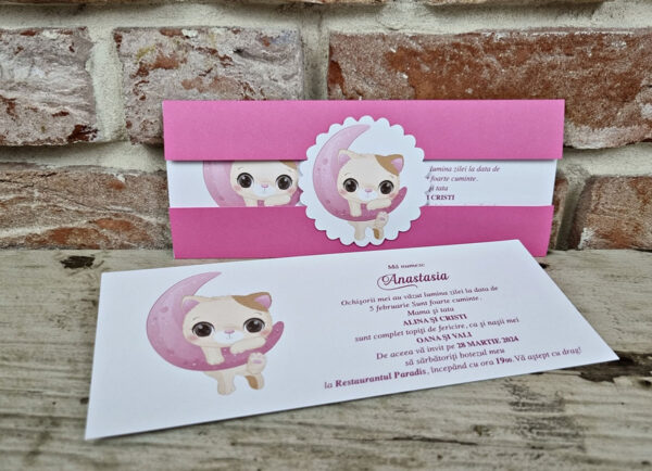 Invitatie de botez cu pisica pentru fetite 609 - imagine 2