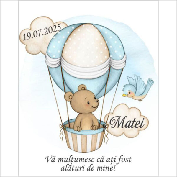 Eticheta botez baiat cu ursulet in balon model 03