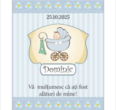 Eticheta botez baiat intr-un carucior vintage model 10