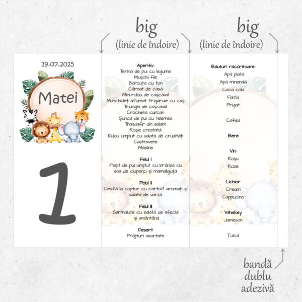Meniu triunghi botez cu animalute model 02 - imagine 2
