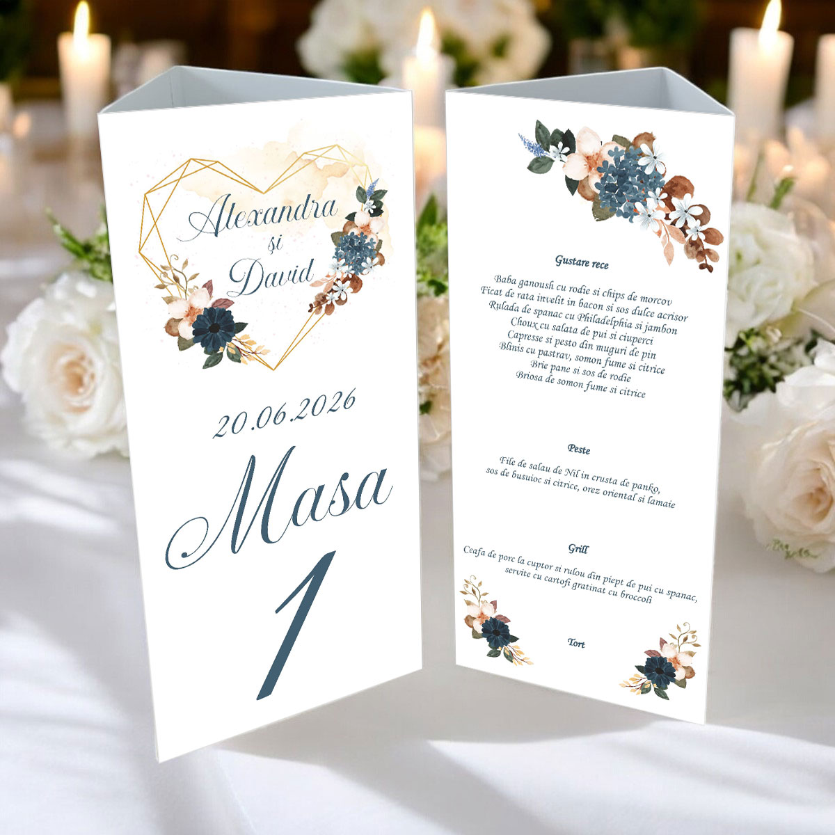 Meniu triunghi floral cu inima model 05