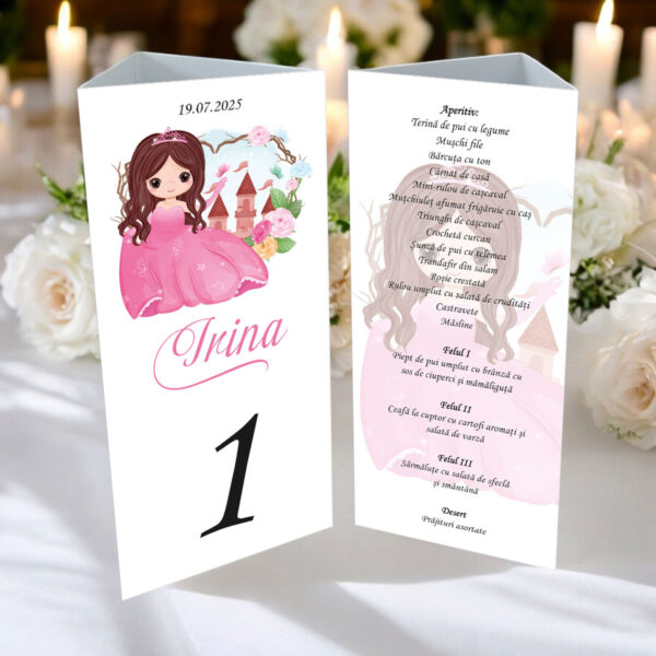 Meniu triunghi botez cu printesa model 18