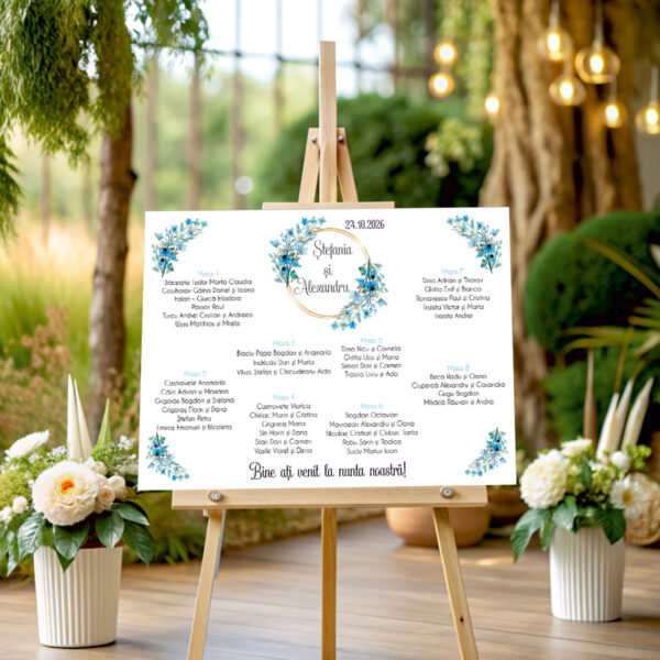 Lista de invitati florala pe albastru model 29