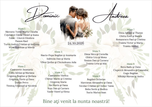 Listă de invitați nuntă personalizată, cu ilustrație miri și flori crem – Model 36 - imagine 2