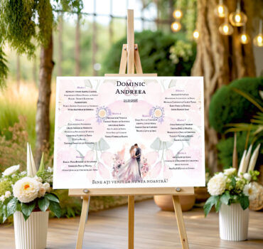 Listă de invitați nuntă personalizată, cu miri și flori roz pastelate – Model 37