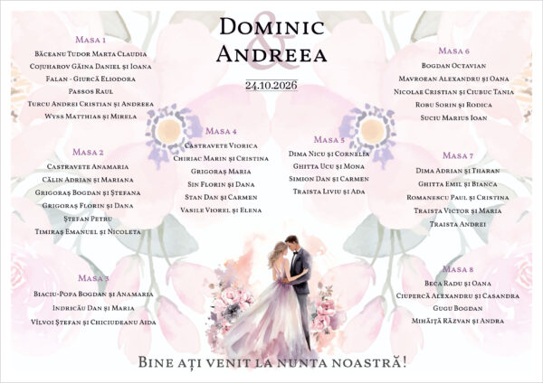Listă de invitați nuntă personalizată, cu miri și flori roz pastelate – Model 37 - imagine 2