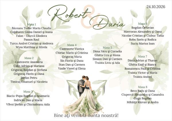 Listă de invitați nuntă personalizată, cu miri și frunze verde-salvie – Model 37.1 - imagine 2