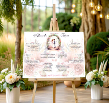 Listă de invitați nuntă personalizată, cu miri sub arcadă florală – Model 37.2