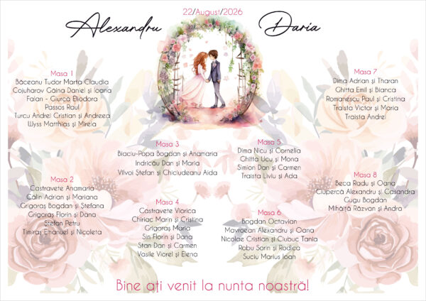 Listă de invitați nuntă personalizată, cu miri sub arcadă florală – Model 37.2 - imagine 2