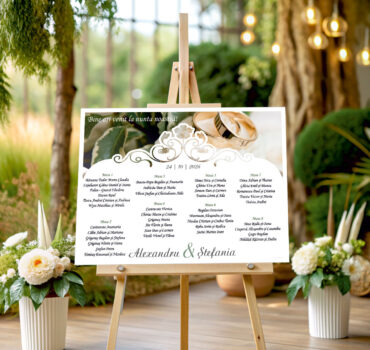 Listă de invitați nuntă personalizată, cu verighete aurii și ornament vintage – Model 38