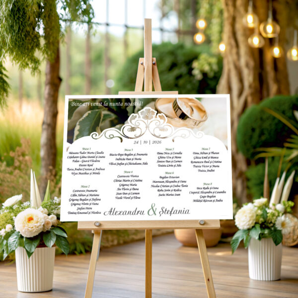 Listă de invitați nuntă personalizată, cu verighete aurii și ornament vintage – Model 38