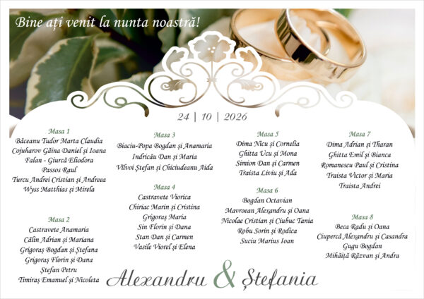 Listă de invitați nuntă personalizată, cu verighete aurii și ornament vintage – Model 38 - imagine 2