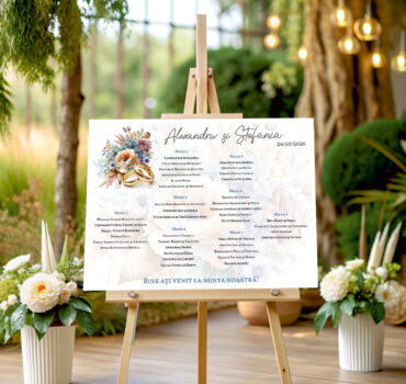 Listă de invitați nuntă personalizată, cu verighete aurii și buchet floral – Model 39