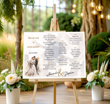 Listă de invitați nuntă personalizată, cu miri și flori bej în acuarelă – Model 40