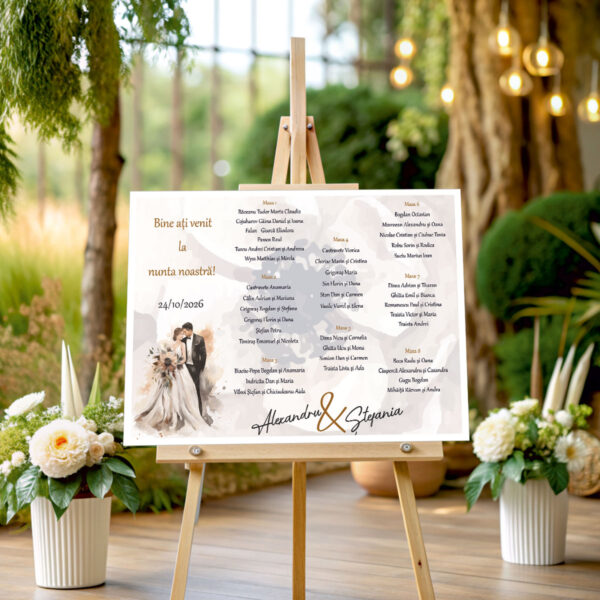 Listă de invitați nuntă personalizată, cu miri și flori bej în acuarelă – Model 40