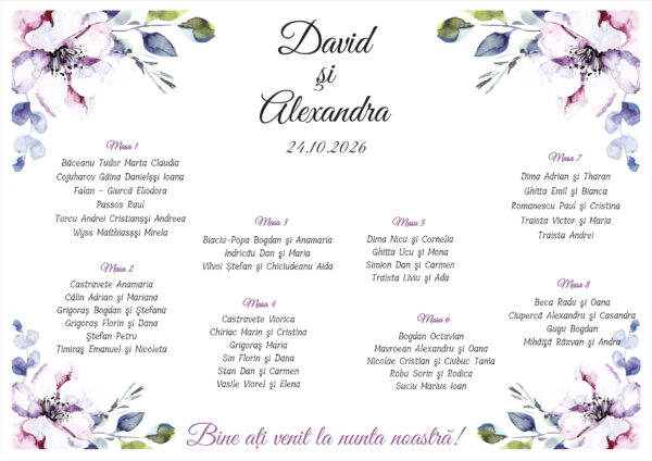 Listă de invitați nuntă personalizată, cu flori mov și roz în acuarelă – Model 41 - imagine 2