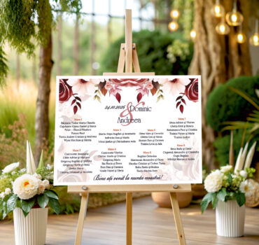 Listă de invitați nuntă personalizată, cu trandafiri burgundy și flori roz – Model 41.1