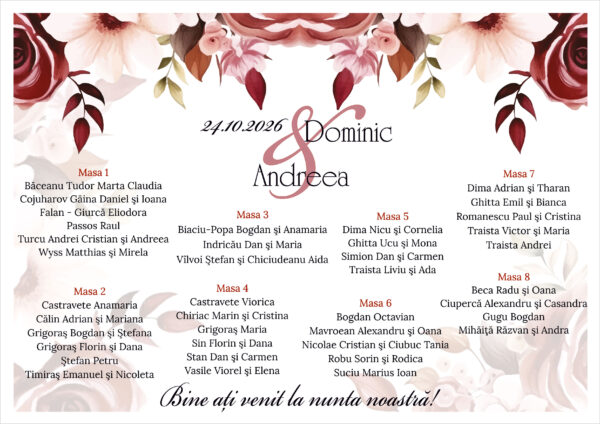 Listă de invitați nuntă personalizată, cu trandafiri burgundy și flori roz – Model 41.1 - imagine 2