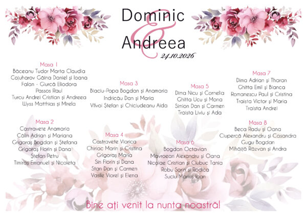 Listă de invitați nuntă personalizată, cu flori roz și vișinii în acuarelă – Model 41.2 - imagine 2