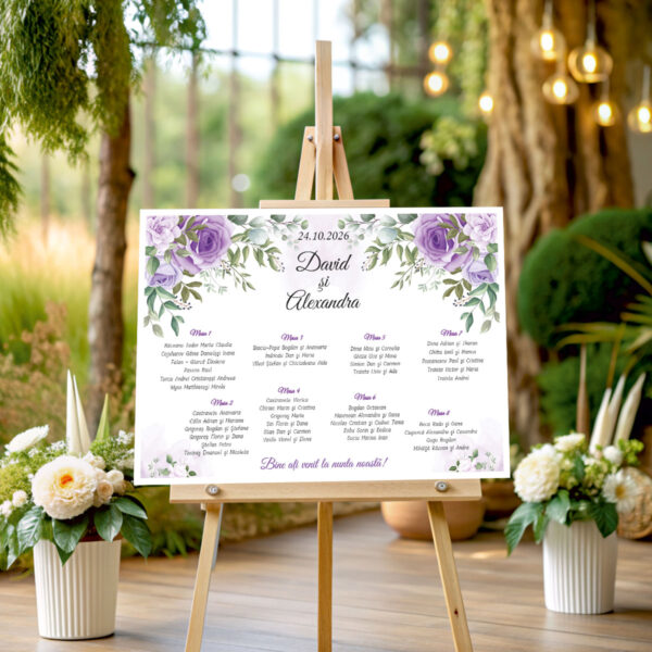 Listă de invitați nuntă personalizată, cu trandafiri mov și lila – Model 42