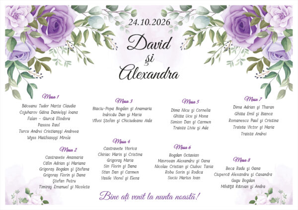 Listă de invitați nuntă personalizată, cu trandafiri mov și lila – Model 42 - imagine 2