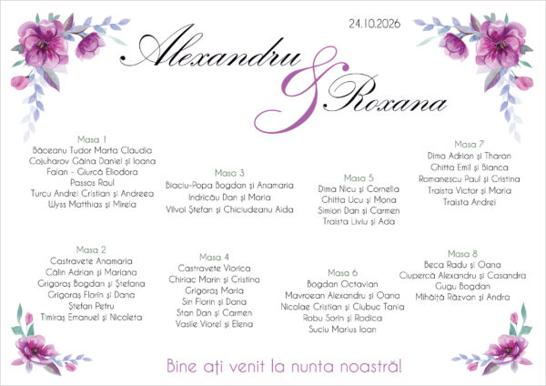 Listă de invitați nuntă personalizată, cu flori mov și nume caligrafice – Model 42.2 - imagine 2