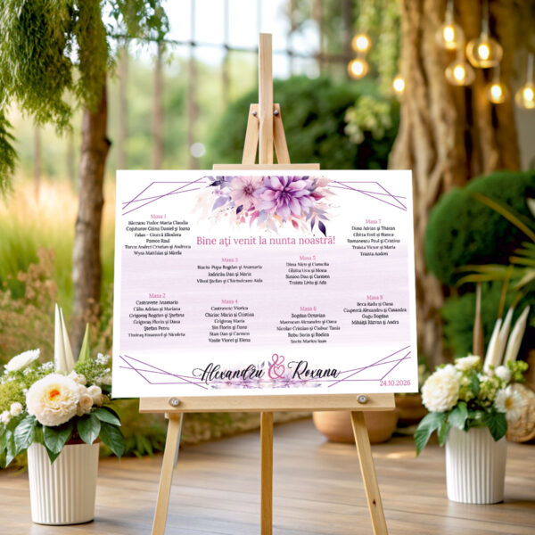 Listă de invitați nuntă personalizată, cu flori mov și chenar geometric – Model 42.3