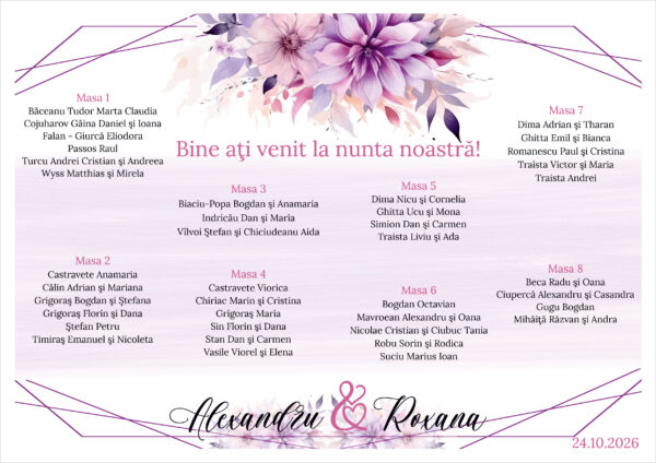 Listă de invitați nuntă personalizată, cu flori mov și chenar geometric – Model 42.3 - imagine 2