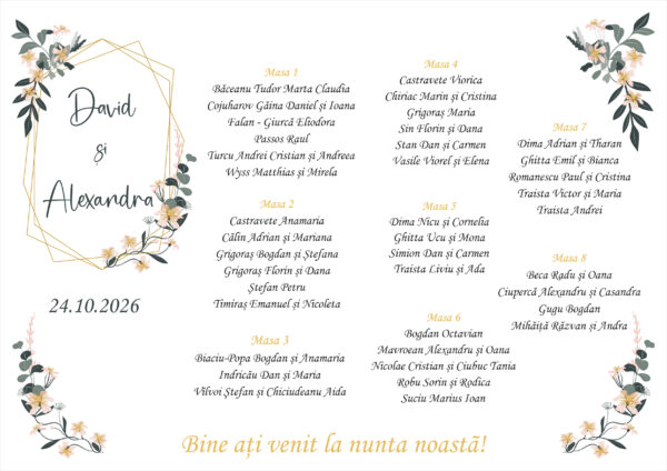 Listă de invitați nuntă personalizată, cu chenar geometric auriu și flori delicate – Model 43 - imagine 2