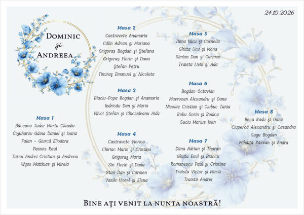 Listă de invitați nuntă personalizată, cu flori albastre și coroniță aurie – Model 44 - imagine 2