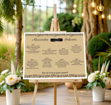 Listă de invitați nuntă personalizată, vintage rustic, cu flori negre pe fundal bej – Model 46