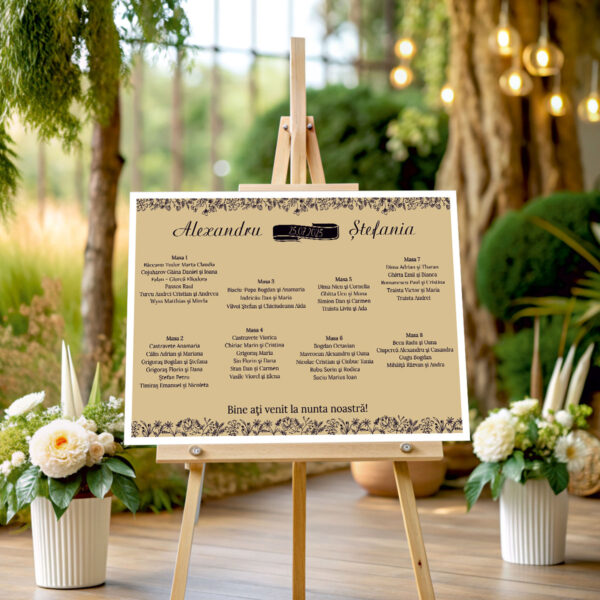 Listă de invitați nuntă personalizată, vintage rustic, cu flori negre pe fundal bej – Model 46