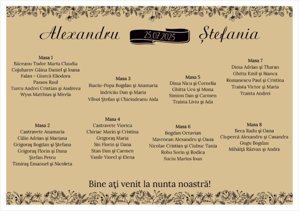 Listă de invitați nuntă personalizată, vintage rustic, cu flori negre pe fundal bej – Model 46 - imagine 2
