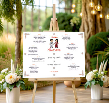 Listă de invitați nuntă personalizată, cu copii în costume populare și motive tradiționale – Model 50