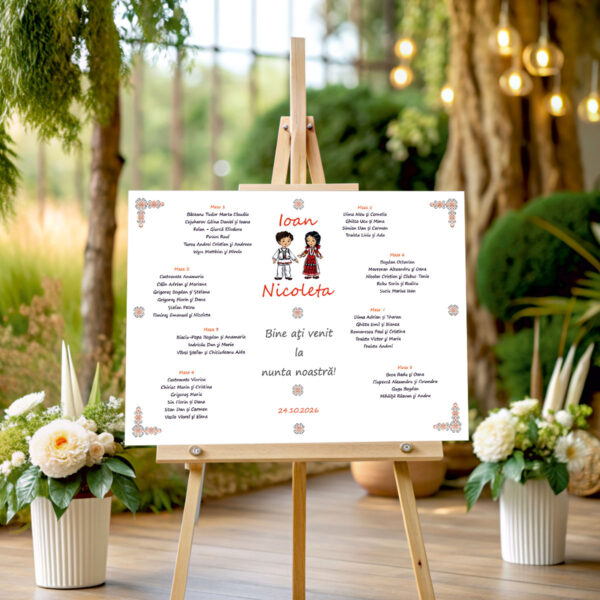 Listă de invitați nuntă personalizată, cu copii în costume populare și motive tradiționale – Model 50