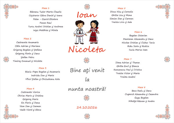 Listă de invitați nuntă personalizată, cu copii în costume populare și motive tradiționale – Model 50 - imagine 2