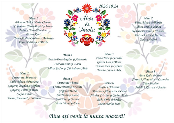 Listă de invitați nuntă personalizată, cu motive florale tradiționale maghiare – Model 51 - imagine 2